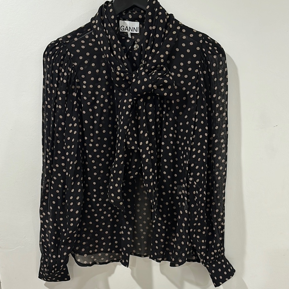 Ganni Black Tie Front Ruffled Blouse